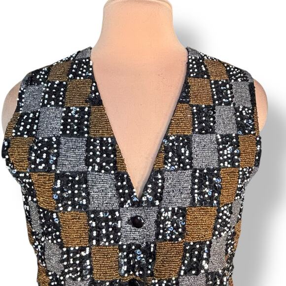 Vintage Effeci Beaded Sequin Checkered Vest Metallic Gold Silver Black Small - Picture 4 of 10